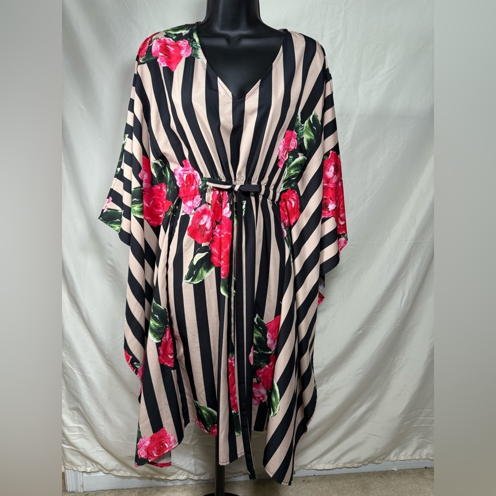Eshakti Dress Sz:0 Black Tan‎ Stripes &Roses Kaftan Edgy Dark Romance